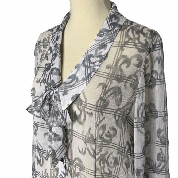 PENDLETON bow button front semi sheer gray white blouse size 8P - Picture 1 of 10
